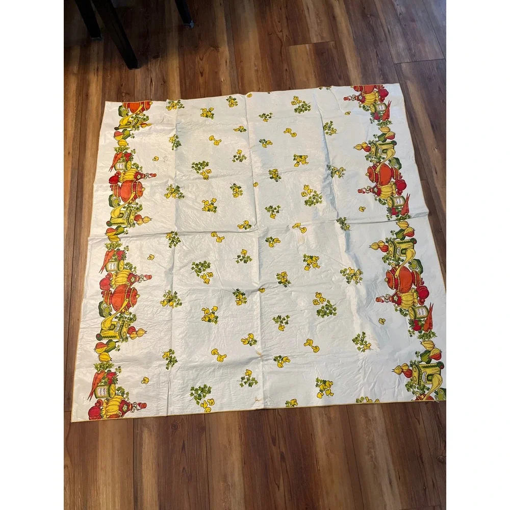 Vintage Vinyl Tablecloth Kitchen Garden Mushroom Vegetable Print Square 50x50